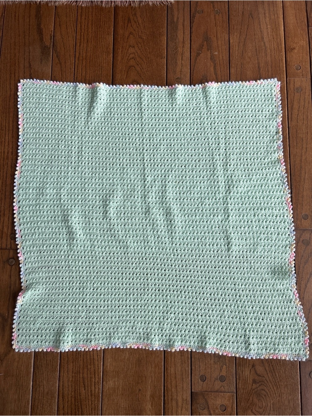 Handmade Mint Green Crochet Baby Blanket with Pink & White Trim 33x33”